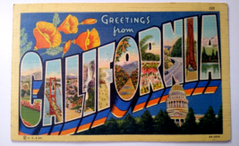 Greetings From California Large Letter Linen Postcard Curt Teich 1940&#39;s Yellow - £6.31 GBP