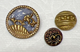 3 Antique Metal Buttons  Feathery  w Frame Raised Dots Scrolly Feather D... - $10.40
