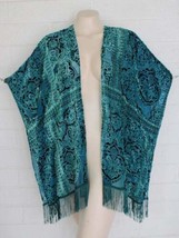 NWT Chico&#39;s S/M Baroque Burnout Crystal Teal Fringed Covering Ruana - $34.60
