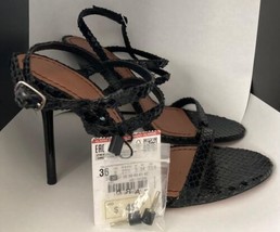 NEW ZARA Woman Lace-Up  tooled Leather Sandals Shoes Black Size 36/6 - £45.88 GBP
