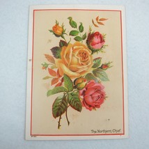 Antique Victorian Trade Card Flowers Northern Chief Roses Yellow Pink Red Bouqet - £7.85 GBP