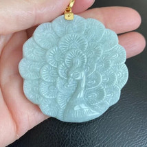 14K Solid Real Gold Carving Carved Large Peacock Natural Jadeite Jade Pendant - £233.61 GBP