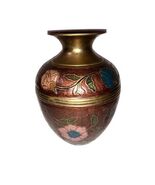 Beautiful Vintage Brass Vase Enameled Hand Painted Floral 6” Tall Red Bl... - $75.83 CAD
