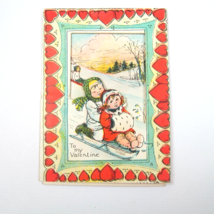 Vintage Valentine Die cut Fold 3D Card Girl Boy Snow Sledding 1920s-30s ... - $14.99