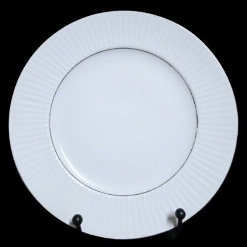 Primary image for Gibson Designs BLACK TIE 4-Salad Dessert Plates White 7 ½" D Silver Trim Ribbed
