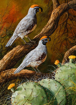 Framed canvas art print giclée quails birds blooming desert cactus flowers - £31.06 GBP+