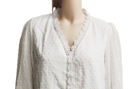 2XL- White Swiss Dot Lace Trim V-Neck Lined Sheer Long Sleeve Shirt NWOT - £13.69 GBP