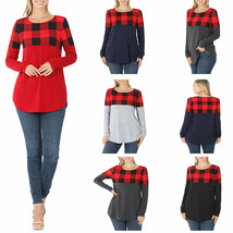 Womens Red Plaid Colorblock Long Sleeve Shirt Scoop Neck Top - $19.75+