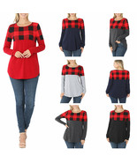 Womens Red Plaid Colorblock Long Sleeve Shirt Scoop Neck Top - $30.12 CAD