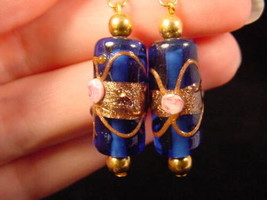 (EE-504-56) BLUE copper pink rose flower glass dangle earrings lampwork - £11.29 GBP