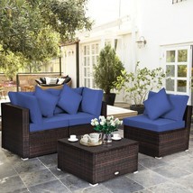 Garden Patio Rattan 4 Pieces Ottoman Wicker Furniture Set with Cushion-Navy - £483.80 GBP