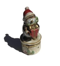 Christmas Penguin With Gift Porcelain Trinket Box Collectible Gold Tone Metal - £31.84 GBP