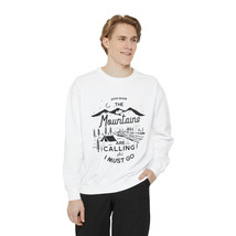 Unisex Garment-Dyed "Mountains Calling" Sweatshirt: Black and White, 80% Cotton - $50.47+
