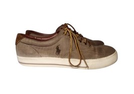 Polo Ralph Lauren Vaughn Canvas Herringbone Sneakers Sz 10.5D Brown Leather Lace - $18.99