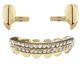 Custom 14K Gold Plated Iced Lower Teeth Grillz &amp; Upper Top Double Fangs ... - £14.20 GBP
