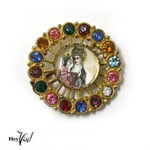 Vintage Our Lady of Czestochowa Pin  - Gold Rhinestone Circle - 1 3/8&quot; - Hey Viv - £15.98 GBP