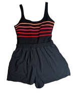 Vtg LL Bean Black Stripe Sporty Modest One Piece Swimsuit Attached Short... - $38.60