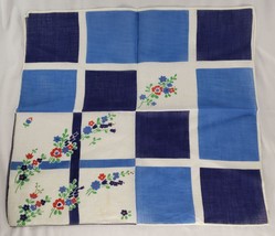 Vintage Linen Floral Handkerchief Blue White Red Square Geometric Flowers - £26.28 GBP