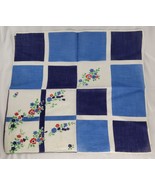 Vintage Linen Floral Handkerchief Blue White Red Square Geometric Flowers - £25.85 GBP