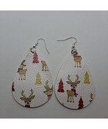 Reindeer Christmas Earrings Teardrop Hook Faux Leather White Tan Red OPT... - £5.55 GBP