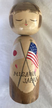 Japanese Wooden Kokeshi Doll 7-1/4” American &amp; Japan Flags Souvenir Signed - £19.40 GBP