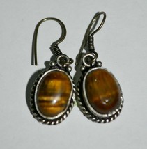 VINTAGE STERLING SILVER TIGER EYE EARRINGS - £23.45 GBP