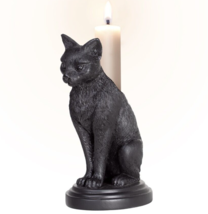 Alchemy Gothic Faust&#39;s Familiar Black Cat Tapered Candle Stick Holder Wicca V113 - £22.76 GBP