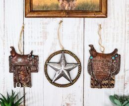 Set of 3 Rustic Western Star Ropes Circle Tooled Leather Horse Saddles O... - €20,74 EUR