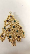 Vintage Christmas Tree Brooch Pin Gold-toned Metal Ruby Emerald Rhinestone - £15.46 GBP