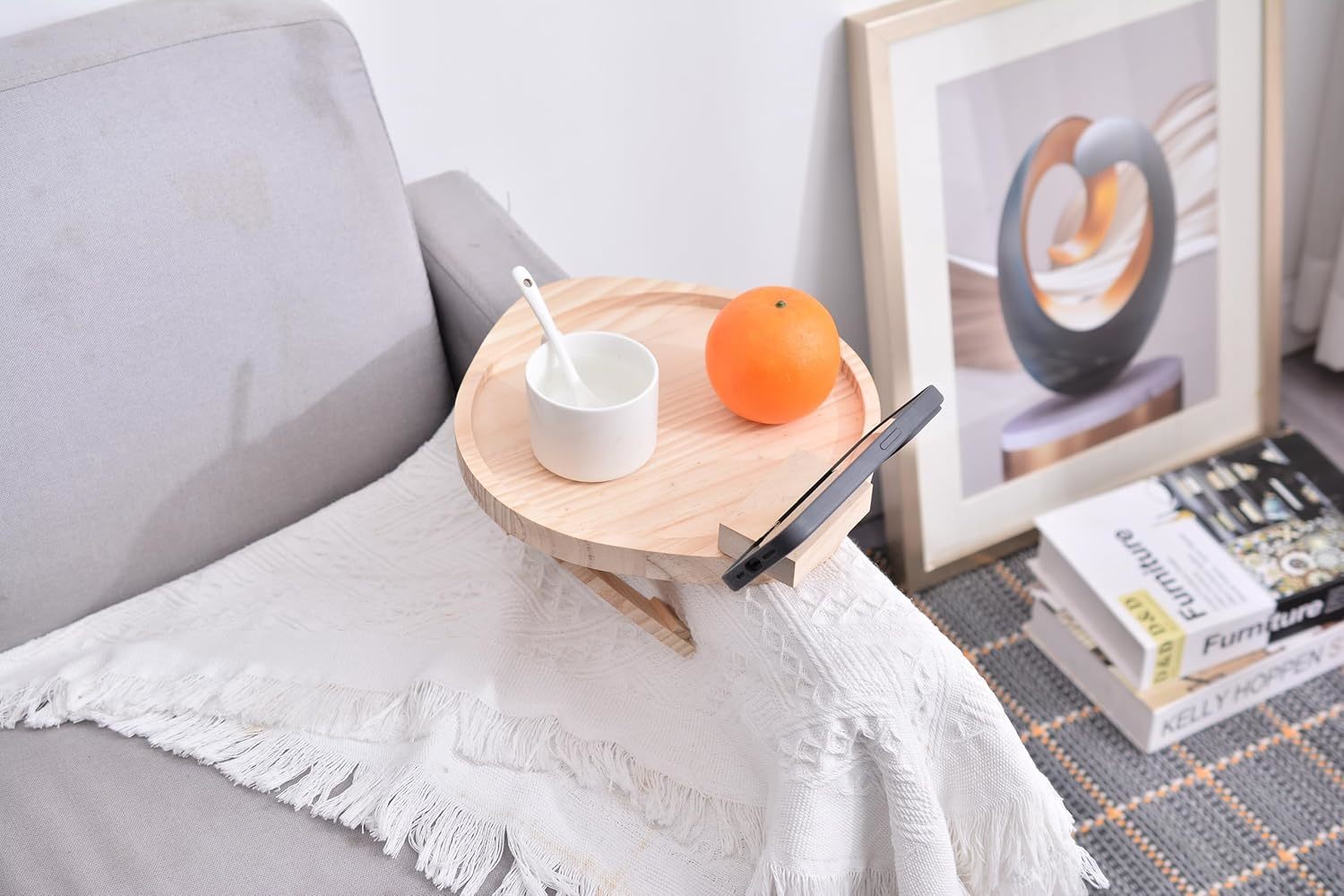 Non-Slip Wooden Sofa Tray, Foldable Armrest Table With Rotating Phone Ho... - $43.93