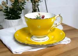Boho Wildflowers Cauldon England Yellow Gold Gilded Teacup &amp; Saucer Set ... - £29.42 GBP