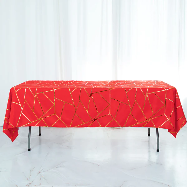 Red - 60&quot;X102&quot; Tablecloth Polyester Rectangular Gold Foil Geometric - £23.94 GBP