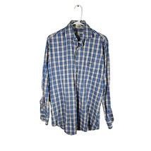 Peter Millar Mens Medium Long Sleeve Plaid Blue Gold 100% Cotton - $30.10
