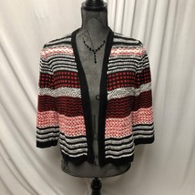 Chicos Cardigan Womens 1 Med 8 Red White Black Striped Open Front Sweater - $18.61