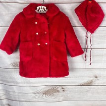 Vintage Girls 4T Red Faux Fur Dress Coat w/ Hat Bonnet Fuzzy Quilt Lined - £23.58 GBP