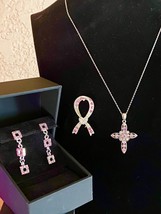Cancer Survivor Pink Rhinestone cross, Pin and Necklace Set - £11.16 GBP