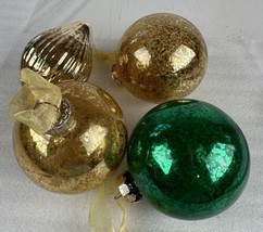 Ornament Christmas Balls Rauch Four Green, Gold Round Teardrop Shatterpr... - £5.29 GBP