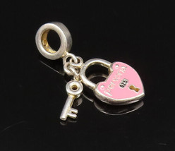 925 Silver - Vintage Pink Enamel Love Heart Lock &amp; Key Charm Pendant - P... - £26.07 GBP