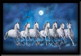 Wooden Seven Horses Lucky Running Vastu Framed Painting - £36.80 GBP