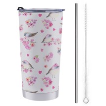 Mondxflaur Pink Floral Bird Steel Thermal Mug Thermos with Straw for Coffee - £16.91 GBP