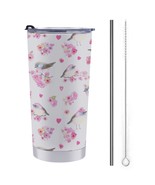 Mondxflaur Pink Floral Bird Steel Thermal Mug Thermos with Straw for Coffee - $28.78 CAD