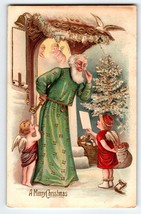 Santa Claus Green Coat Gold Old World Trimmed Postcard Cherubs Christmas Germany - £22.36 GBP