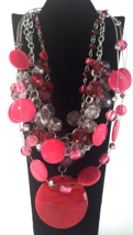 Set of 3 Red Pink Silver Tone Layered Bead Pendant Necklaces 18&quot; 18&quot; 22&quot; - £8.84 GBP