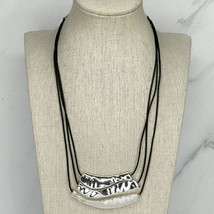 Chico&#39;s Triple Strand Black Cord with Hammered Metal Silver Tone Necklace - £15.45 GBP
