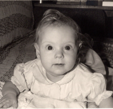 Vintage 1950s Baby Girl Candid Big Eyes Black &amp; White Photograph 3.5&quot;x5&quot; - $14.95