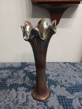 Vtg Fenton Antique Carnival Glass Cobalt Blue Fine Ribbed Iridescent Vas... - $49.49