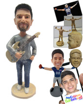 Personalized Bobblehead Cool Dude Wearing A Trendy T-Shirt Holding A Gui... - £71.60 GBP