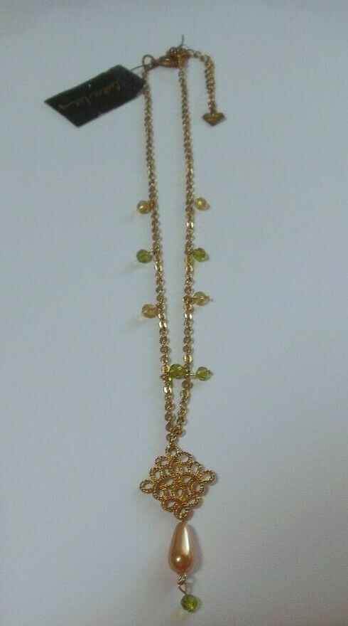 Signed Cookie Lee Gold-tone Green Crystal &amp; Faux Pearl Pendant Necklace - $16.82