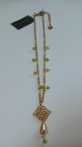 Signed Cookie Lee Gold-tone Green Crystal &amp; Faux Pearl Pendant Necklace - £13.41 GBP