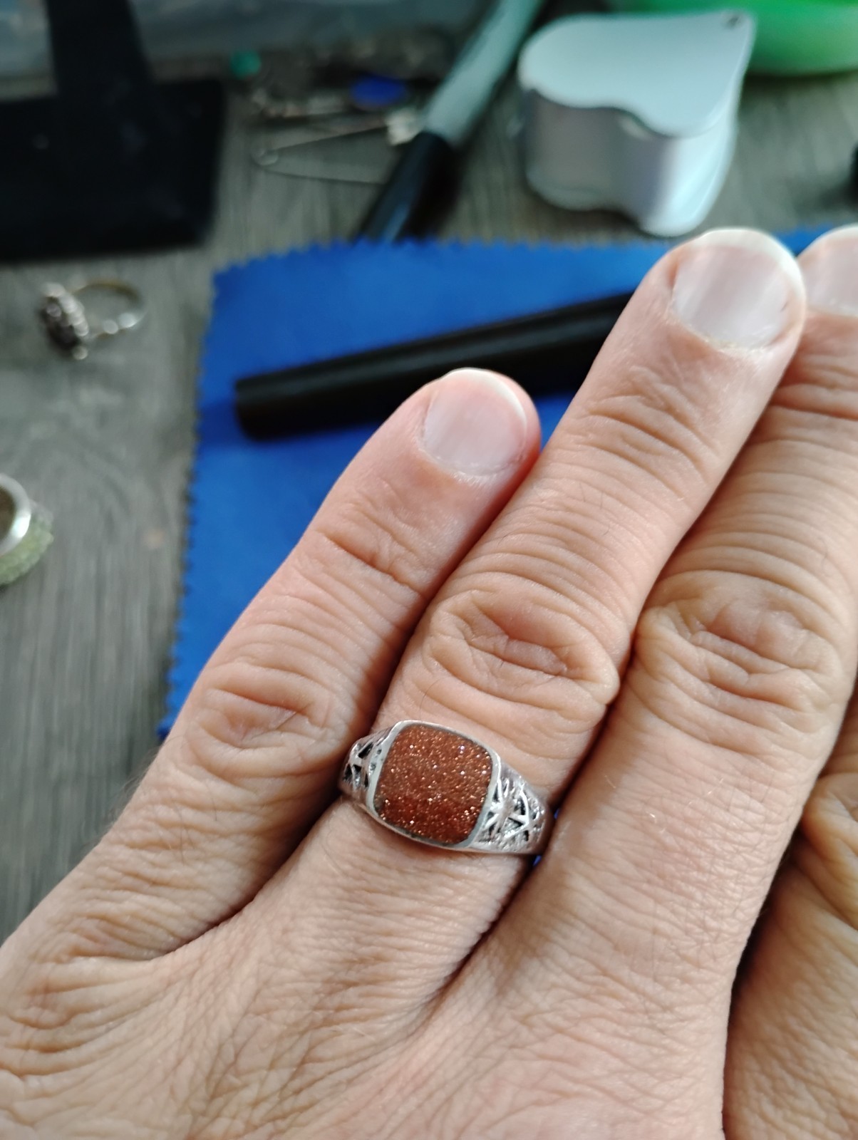 925 Sterling Silver Saudi Arabia Emblem Goldstone Ring SZ 9.5 Free Shipping Item image 3